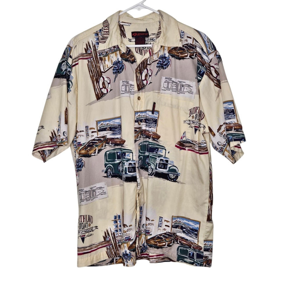 Sportif USA Men's L Car‎ Boat Great Lakes Graphic Print Button Up Camp Shirt